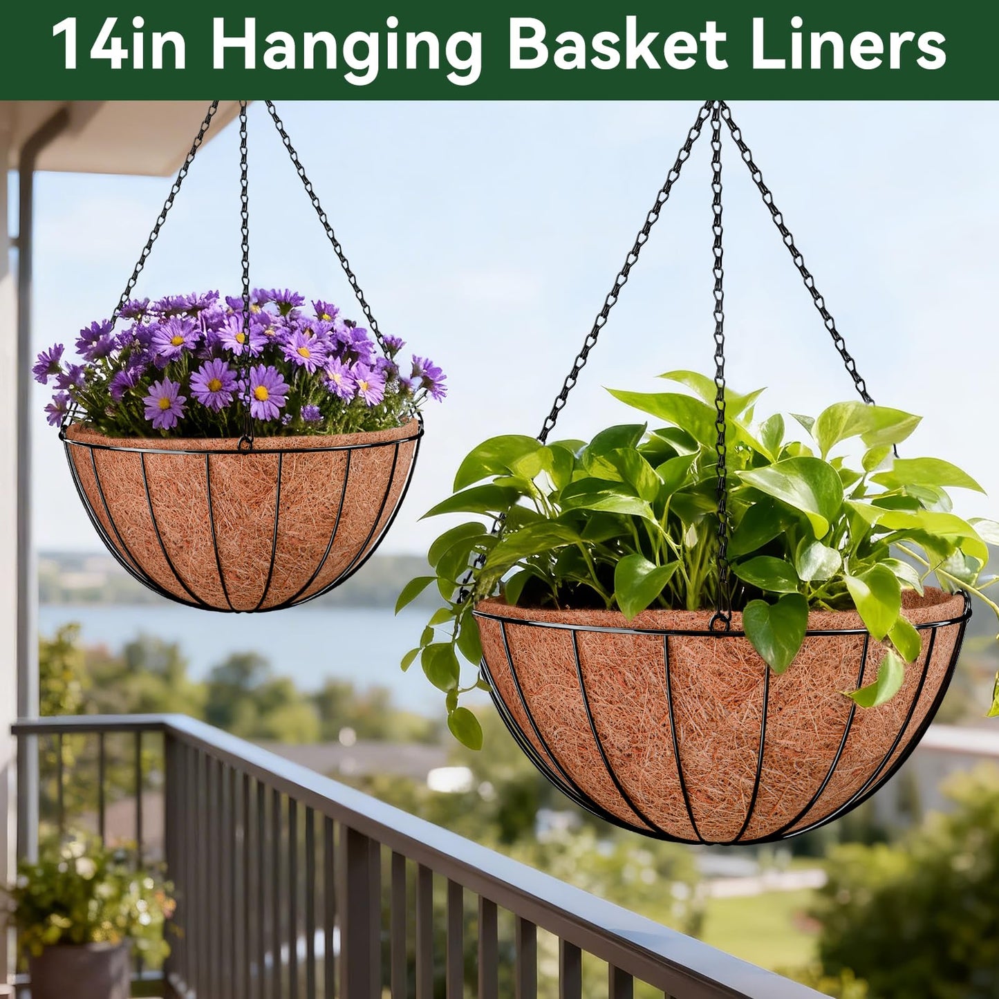 ZeeDix 6 Pack 14 Inch Coconut Liners for Planters, Round Hanging Basket Liners Natural Coco Coir Replacement Liner for Flowers Vegetables Patio Porch Garden Decor