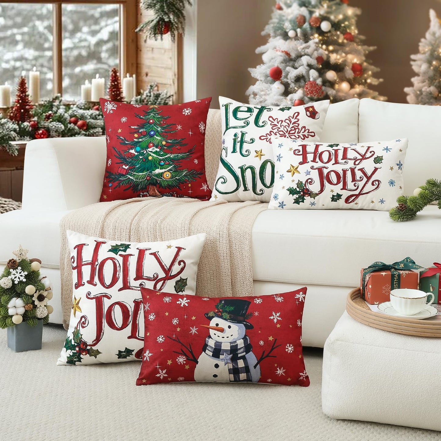 Artscope Christmas Tree Snowman Throw Pillow Covers 18x18 Inch Set of 4, Let It Snow Holly Jolly Winter Hoilday Christmas Decoration Pillow Cases for Home Sofa Couch Decor-Red