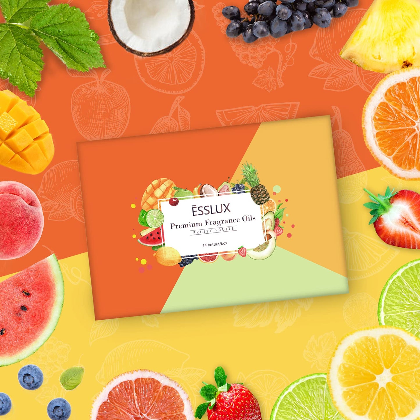 Fruity Fragrance Oils Set, ESSLUX 14 Premium Fruit Scented Oils for Diffuser, Soap Candle Making Scents, Coconut, Peach, Watermelon, Pineapple and More, Aromatherapy Essential Oils Gift Set for Home