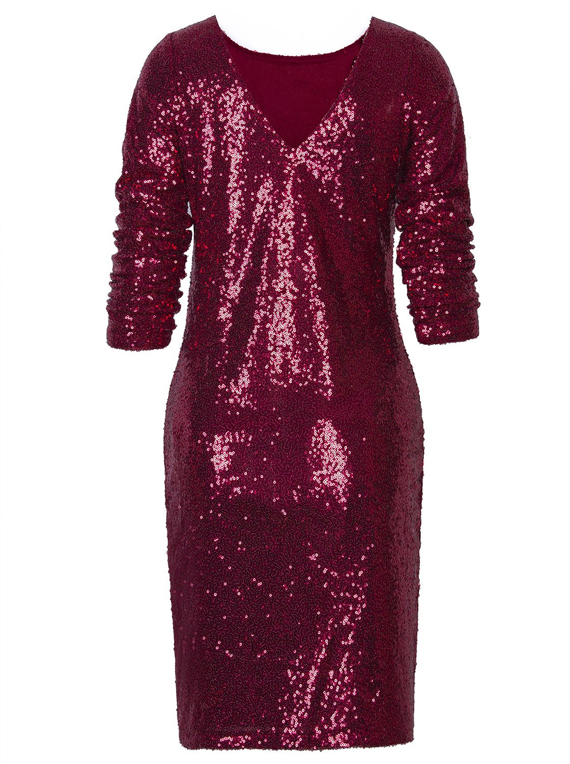 Vijiv Women's Long Sleeve Sequin Bodycon Cocktail Party Club Evening Mini Dress V Neck Red