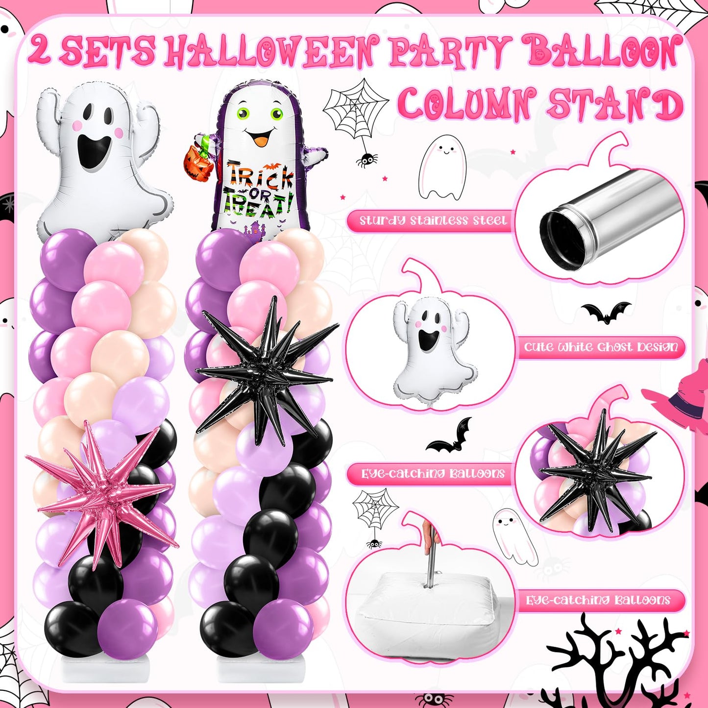 Kasyat 2 Sets Pink Purple Halloween Balloon Column Stand Kit Purple Pink and Black Arch Garland Kit with Cute Ghost Explosion Star Foil Balloons for Spooky Birthday Party Halloween Party Decoration