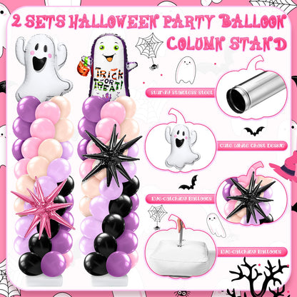 Kasyat 2 Sets Pink Purple Halloween Balloon Column Stand Kit Purple Pink and Black Arch Garland Kit with Cute Ghost Explosion Star Foil Balloons for Spooky Birthday Party Halloween Party Decoration