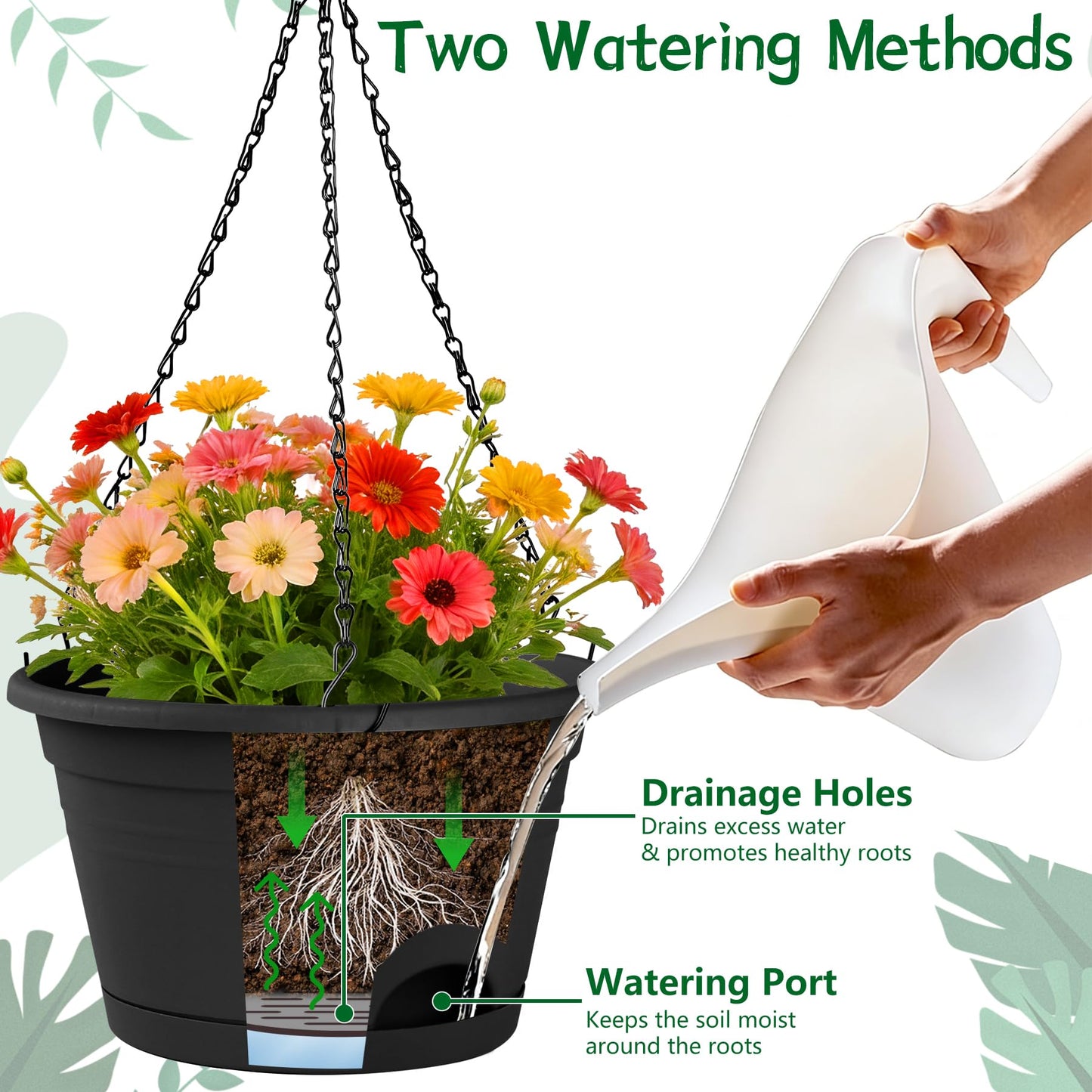 Nooulap 4 Pack Hanging Planters, 10 Inch Hanging Plant Pot with Hanger Chain & Drainage Trays, Hanging Baskets for Plants Outdoor Indoor, Flowers Pots for Home, Garden, Porch Decor (Black)