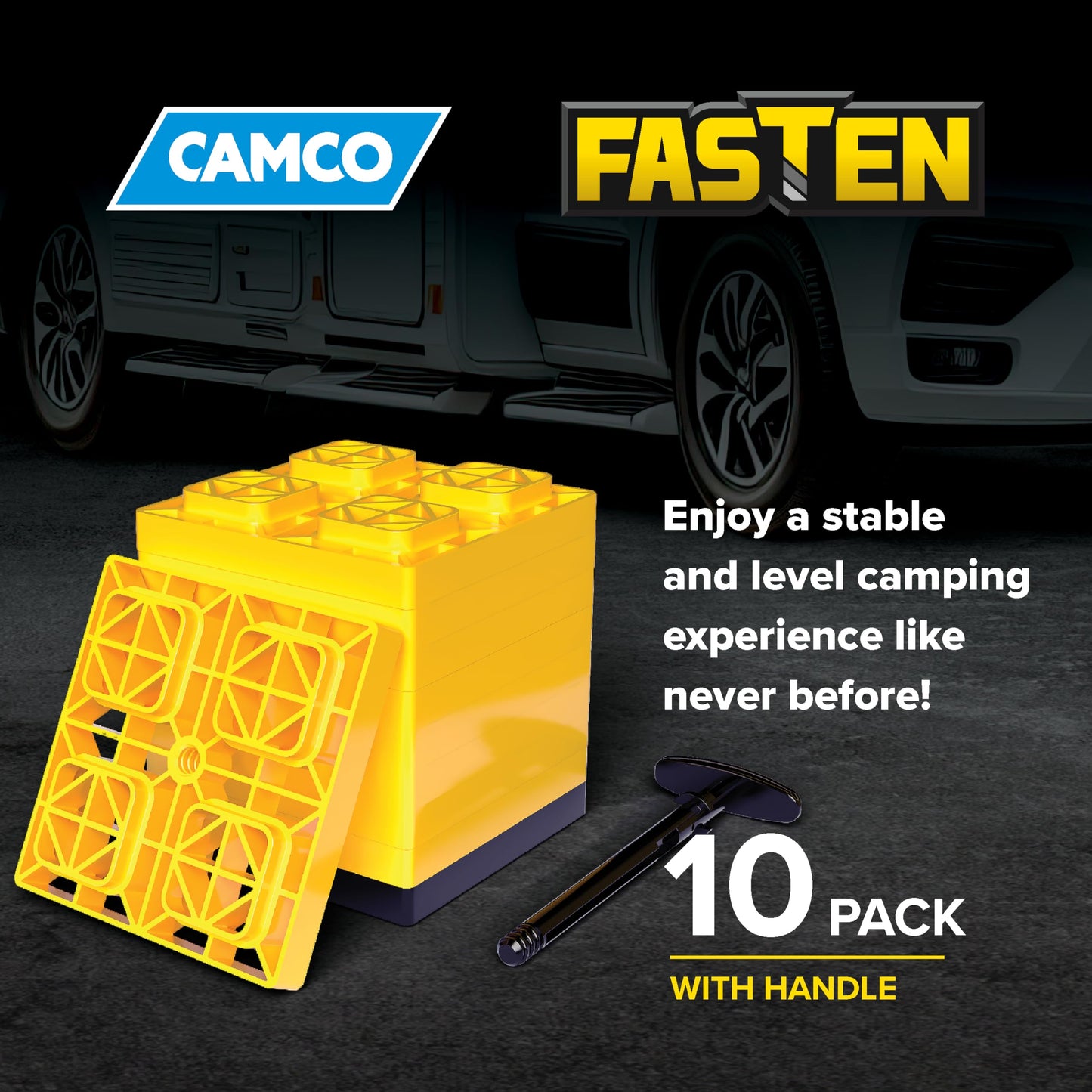 Camco FasTen RV Leveling Blocks - Features Interlocking Design for Customizable Height - Carrying Handle Twists to Secure Blocks for RV Storage - 8.5” x 8.5” x 1”, Yellow, 10-Pack (21022)