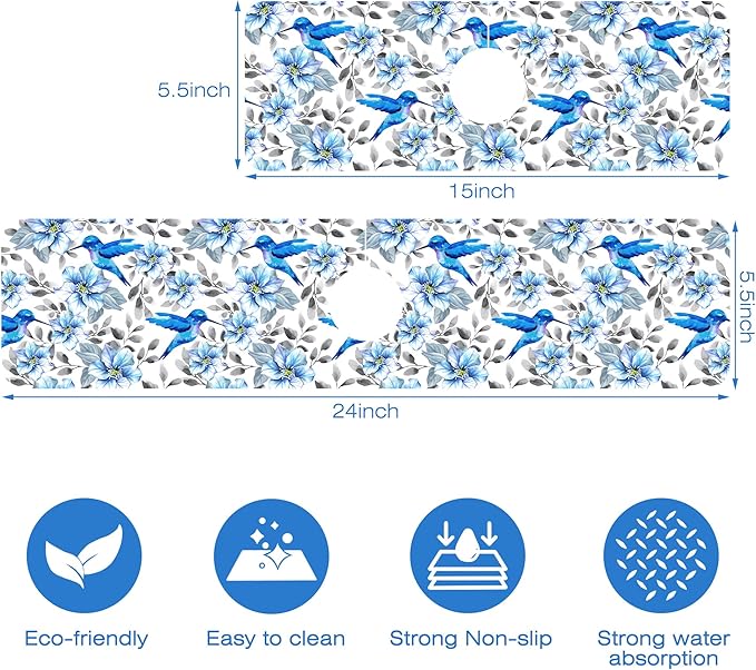 Blue Floral and Hummingbird Dish Drying Mat