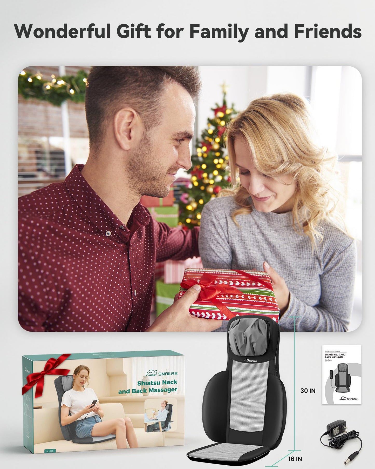 Snailax Shiatsu Neck and Back Massager with Heat, FSA HSA Eligible, Upgraded Massage Chiar Pad with Compression, Vibration, Chair Seat Massager for Home, Office, Gifts for Men, Women