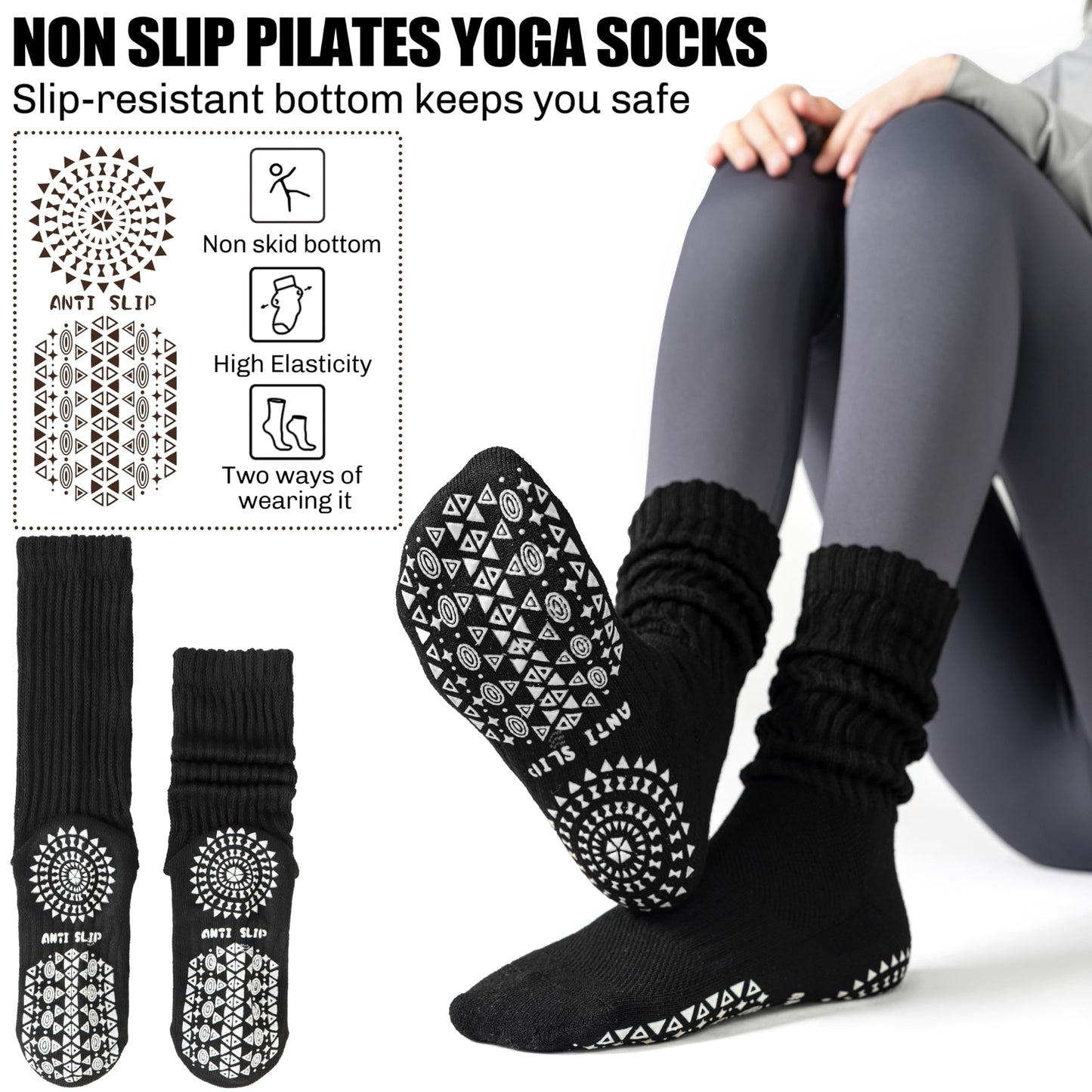 Sandsuced Pilates Grip Slouchy Yoga Socks Winter Warm Cozy Scrunch Boot Grippy Crew Slipper Socks 4 Pairs for Women Gift Stocking Stuffers(Black,M)