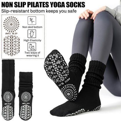 Sandsuced Pilates Grip Slouchy Yoga Socks Winter Warm Cozy Scrunch Boot Grippy Crew Slipper Socks 4 Pairs for Women Gift Stocking Stuffers(Black,M)