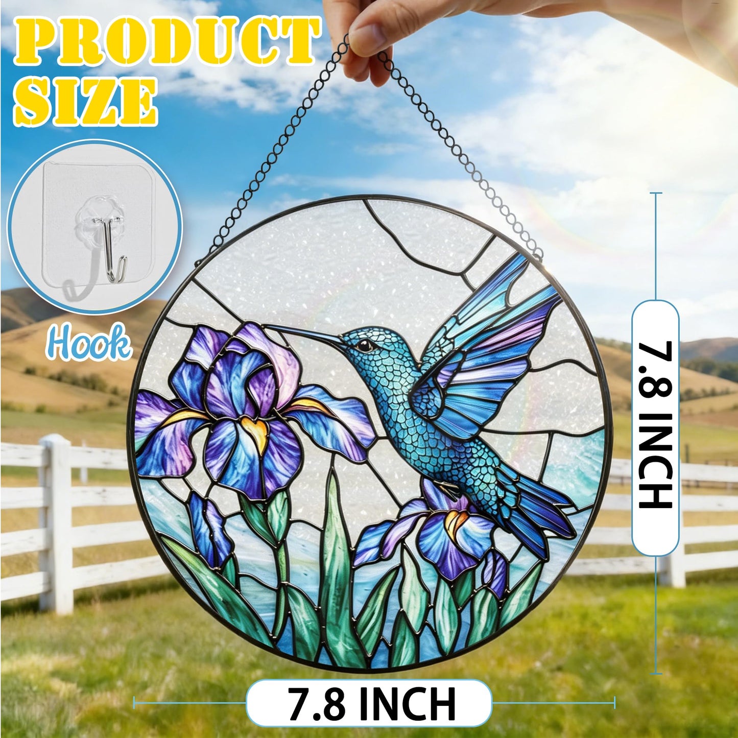 Stained Glass Window Hanging, 7.8 Inch Hummingbird and Iris Flower Stained Glass Suncatcher Ornament, Sun Catchers Indoor Window Decor, Nature Lover Gift, Gifts for Women: Wife, Mom & Grandma