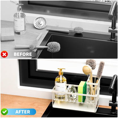 Cisily Kitchen Sink Caddy Organzier with High Brush Holder, Sponge Holder for Sink, 304 Rustproof Stainless, Kitchen Countertop Soap Dispenser Organizer, Kitchen Decor and Accessories