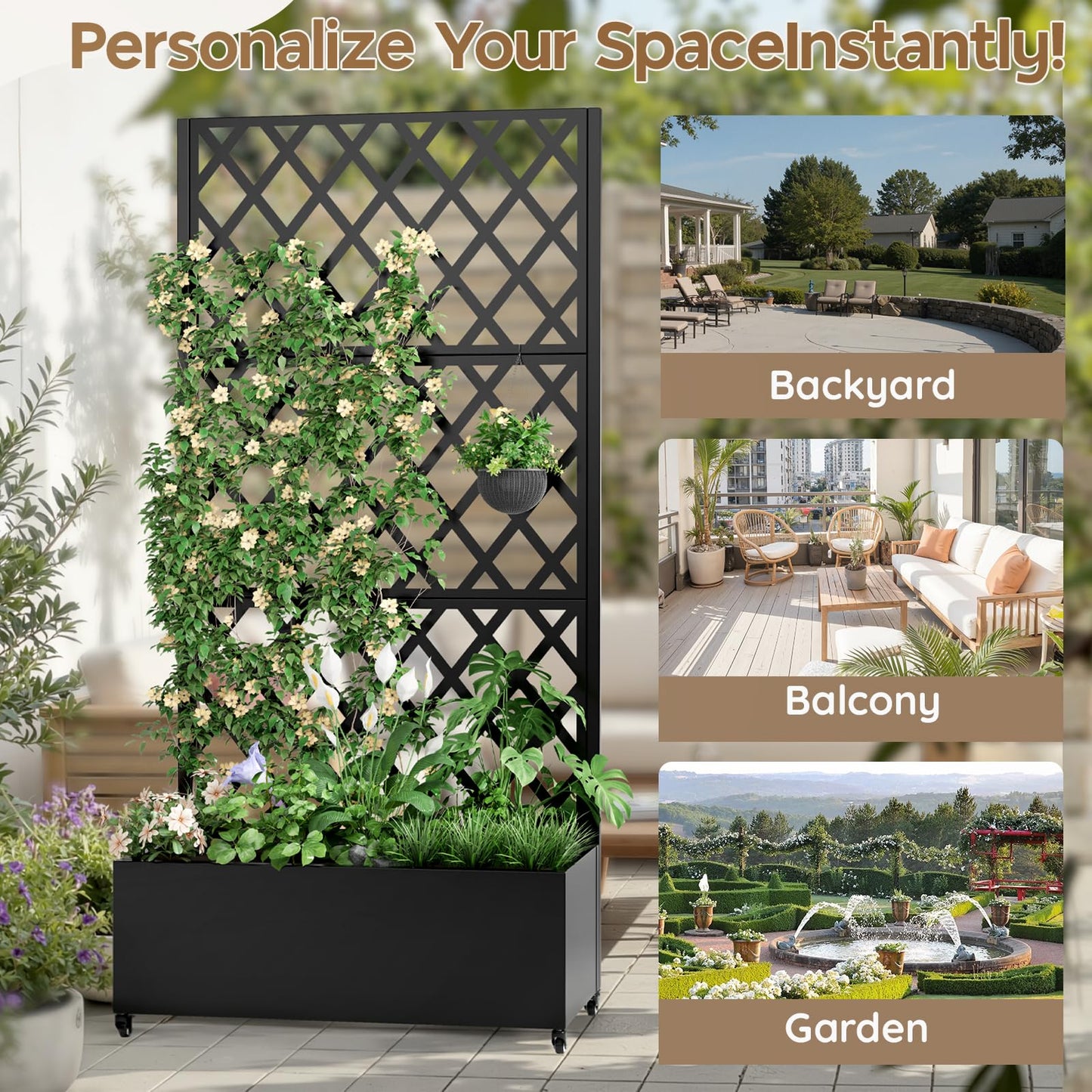 Metal Planter Box with Trellis,72"x35"x15",Galvanized Raised Garden Bed Trellis Outdoor Planter with Privacy Screen & Wheels and Drainage Holes,for Patio Climbing Vegetables,Flowers,Vines,Black