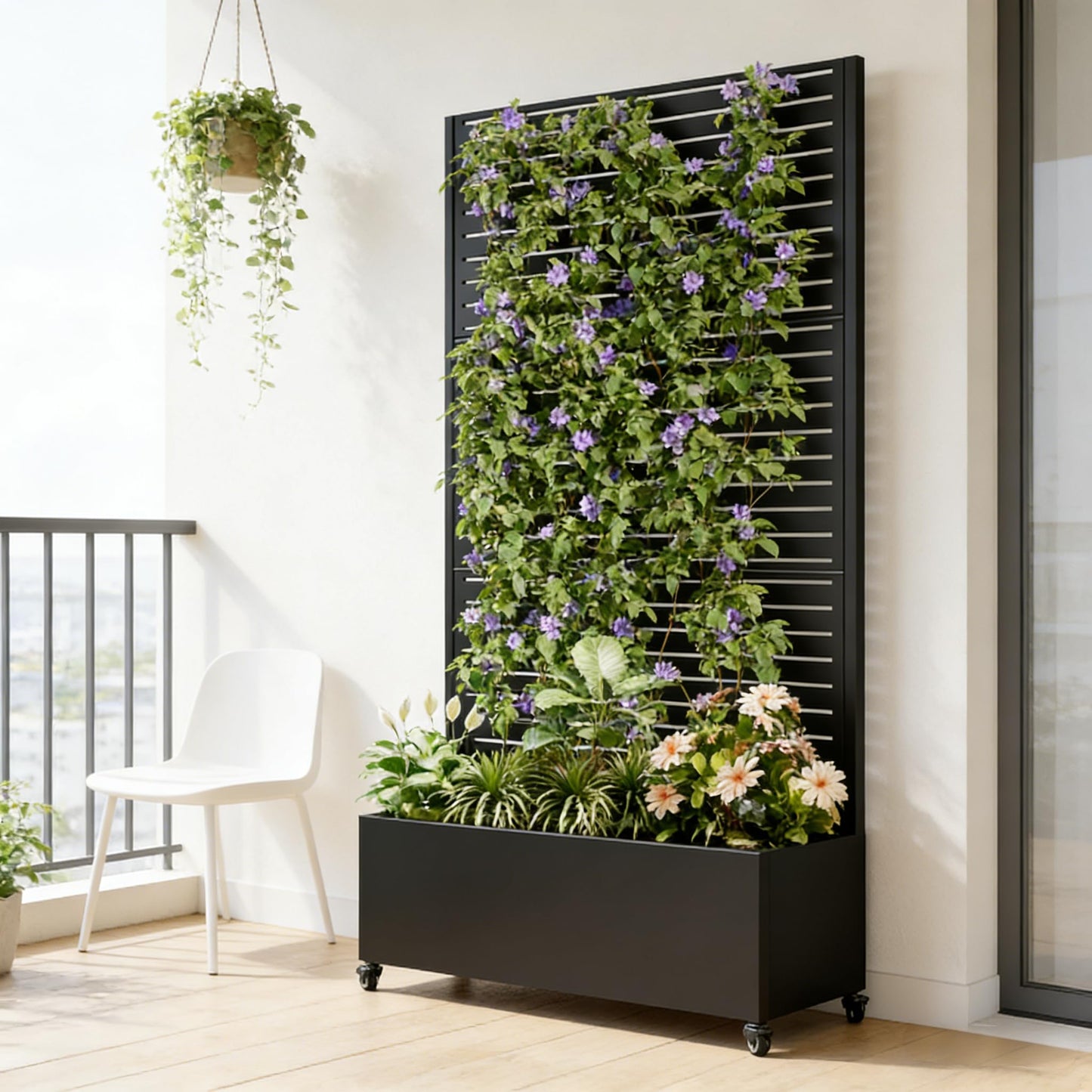 Beuiosda Metal Planter Box with Trellis Privacy Screen, Raised Garden Bed with 4 Wheels, Privacy Planters for Patio, Planter Box with Drainage Holes for Climbing Plants, Vegetables (Rectangle)