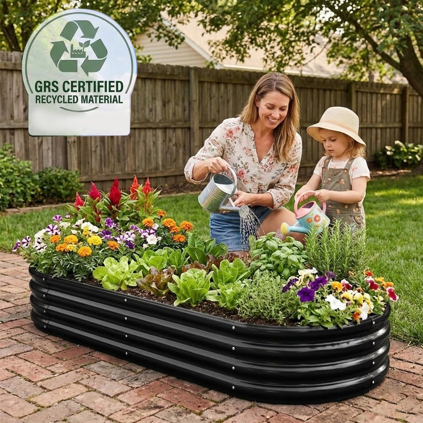 Rakukiri Raised Garden Bed GRS Certified Galvanized Planter Box Outdoor, 5ft Oval Rot-Resistant Metal Garden Bed Planter, Recycled Material Planter for Vegetables Flowers Herbs (Black)