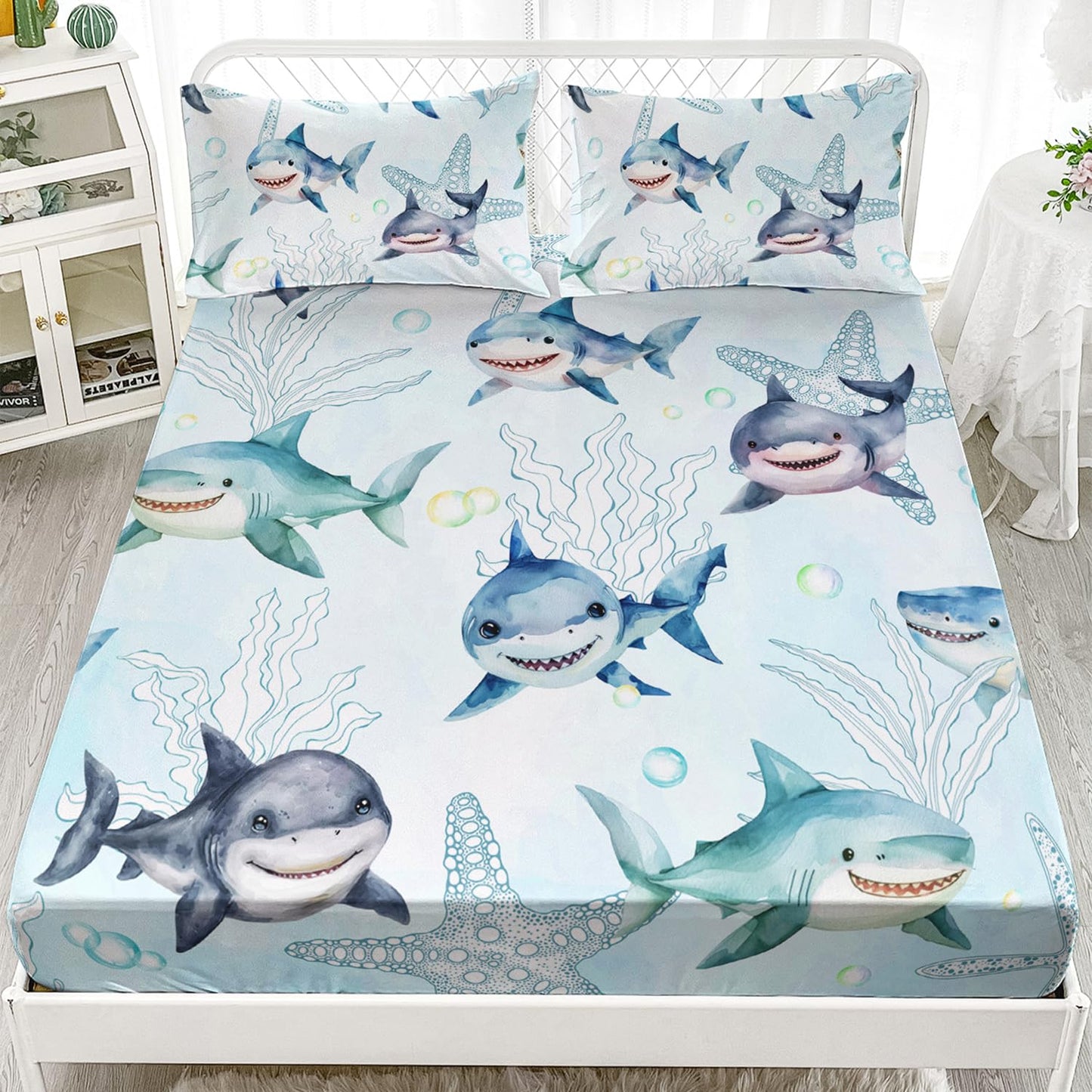 AILONEN Shark Fitted Sheet Set Twin XL Size for Boys Kids - Ocean Blue Starfish Bed Sheet With 2 Pillowcases, 3 Pieces