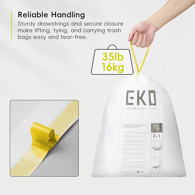 EKO 8 Gallon / 30.3 Liter, Extra-Strong Unscented Garbage Bags, Easy-Dispense