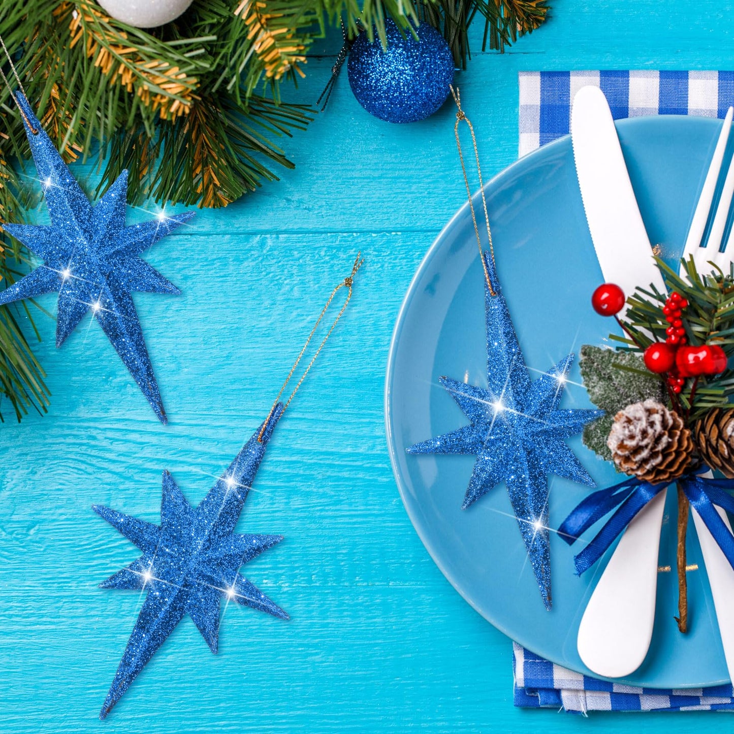 Quzzil 12 Pcs Christmas Bethlehem Star Blue Ornament 4.72 x 2.95 Inch Star of Bethlehem Christmas Tree Topper Glitter Ornament Plastic Nativity Stars Hanging Decor Accessories