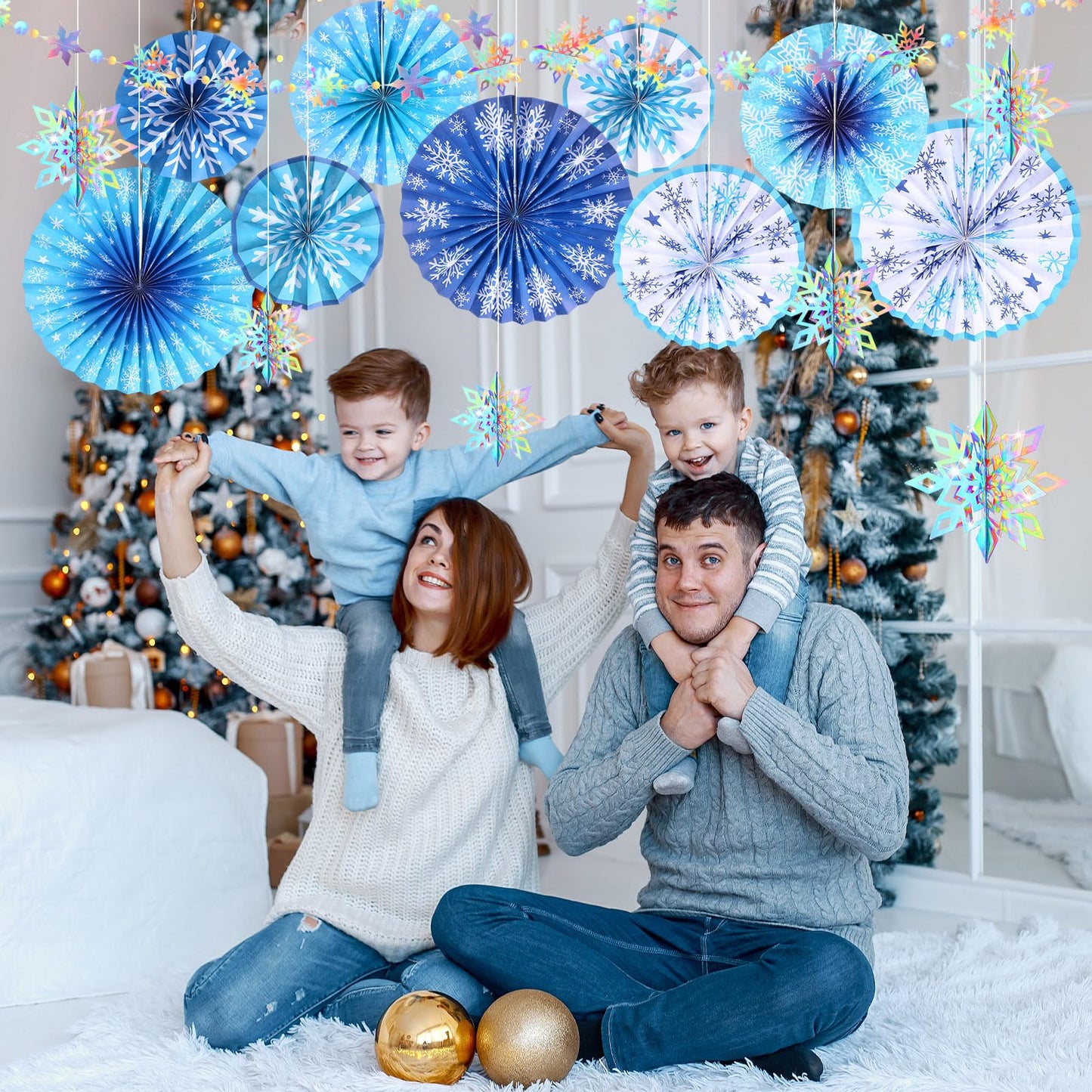 Outus 16 Pcs Snowflake Hanging Decorations Winter Paper Fans Blue Winter Paper Garland 3D Holographic Snowflakes for Xmas Wonderland Birthday Party Ceiling Wall Supplies Decoration