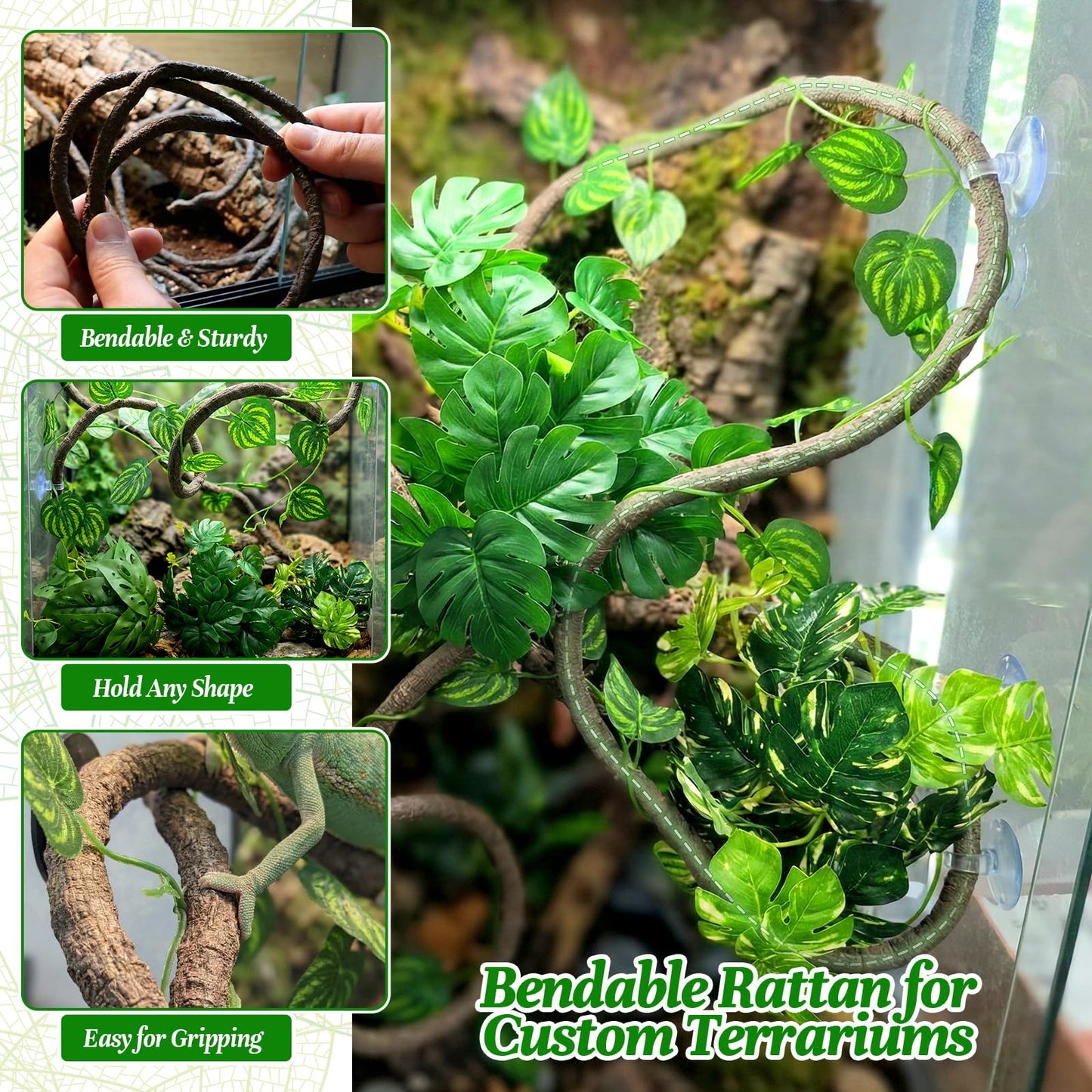 5 Pcs Reptile Plants & Habitat Decor Kit - 3 Artificial Plants & Large 5ft Jungle Vine Branch, Amphibian Habitat Hideout Tank Decorations fit Crested Gecko Leopard Lizard Chameleon Ball Python Frog