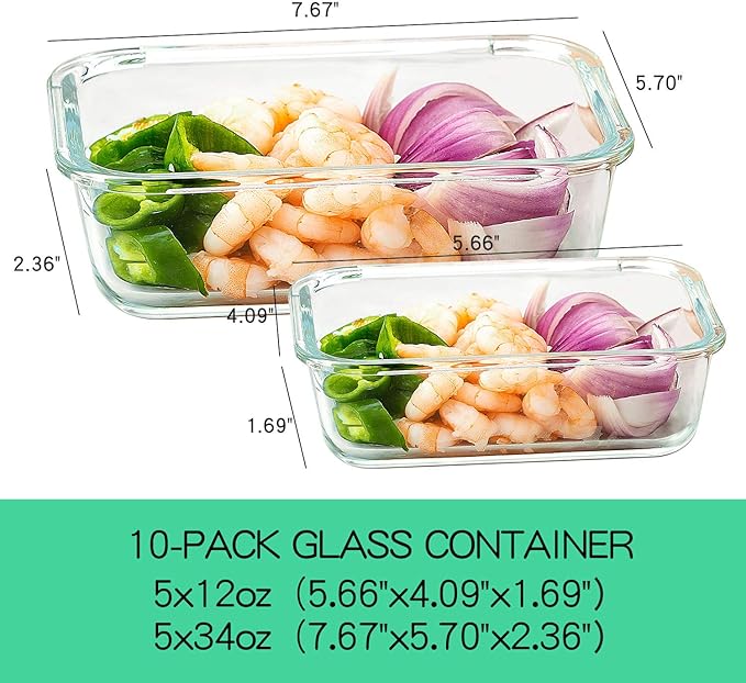 C CREST [10-Pack Glass Food Storage Containers, Meal Prep Containers