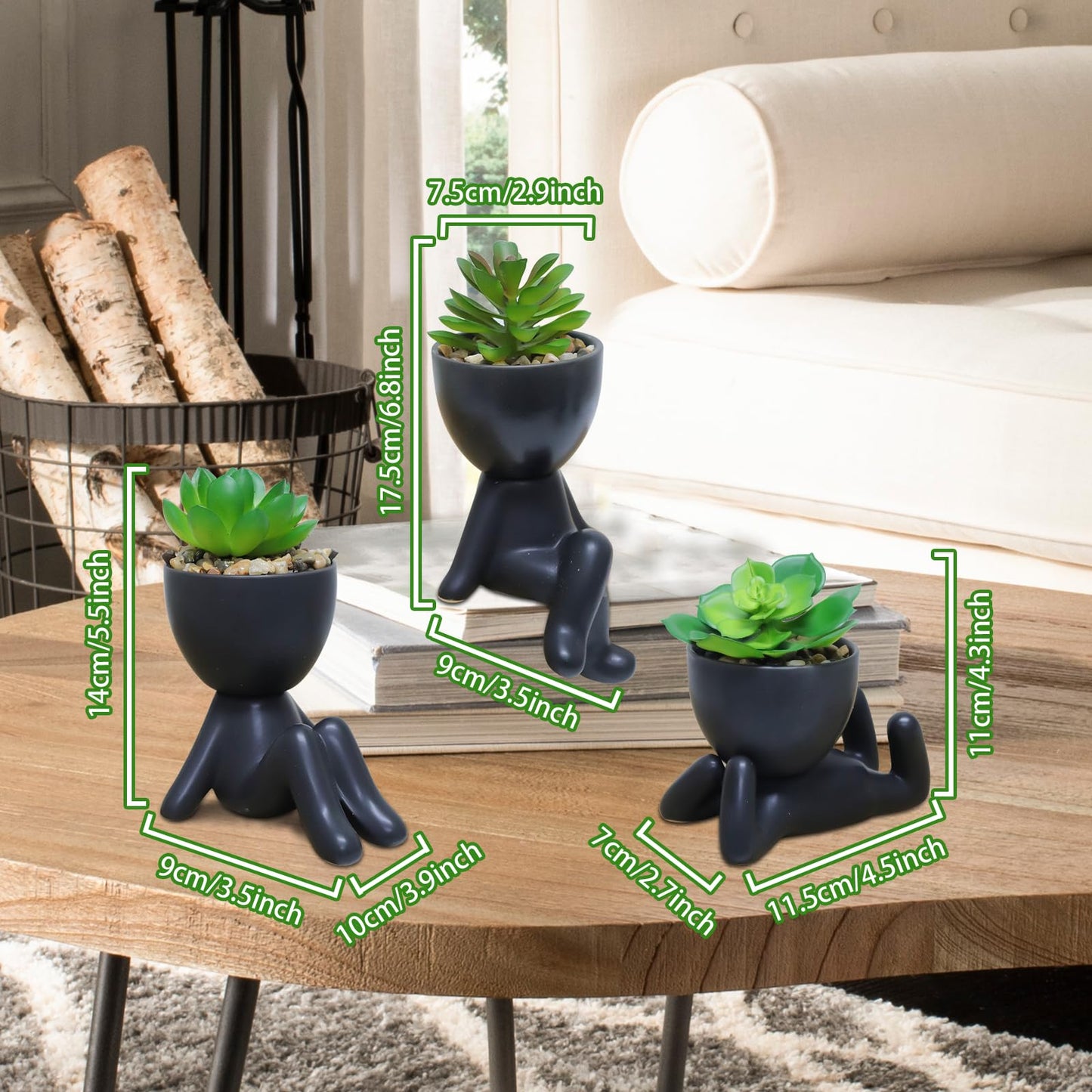 Zerzsy 3 PCS Cute Artificial Succulent Plants with Creative Ceramics Human Shaped Pots, Mini Potted Plants Black Bathroom Fakeplants, Faux Succulent Desk Decor for Home Office Shelf Decor