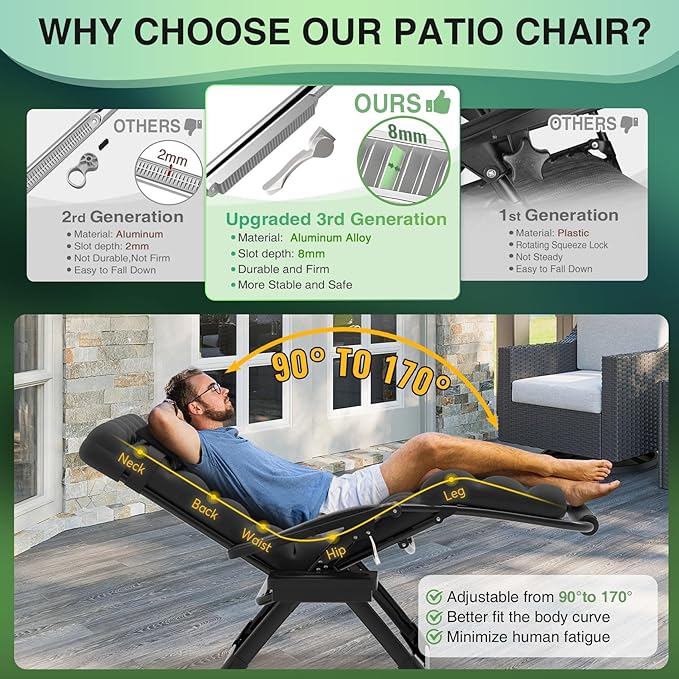 Suteck Oversized Zero Gravity Chair,29In XL Lounge Chair w/Removable Cushion&Headrest, Reclining Camping Chair w/Upgraded Lock and Footrest, Reclining Patio Chairs Recliner for Indoor Outdoor