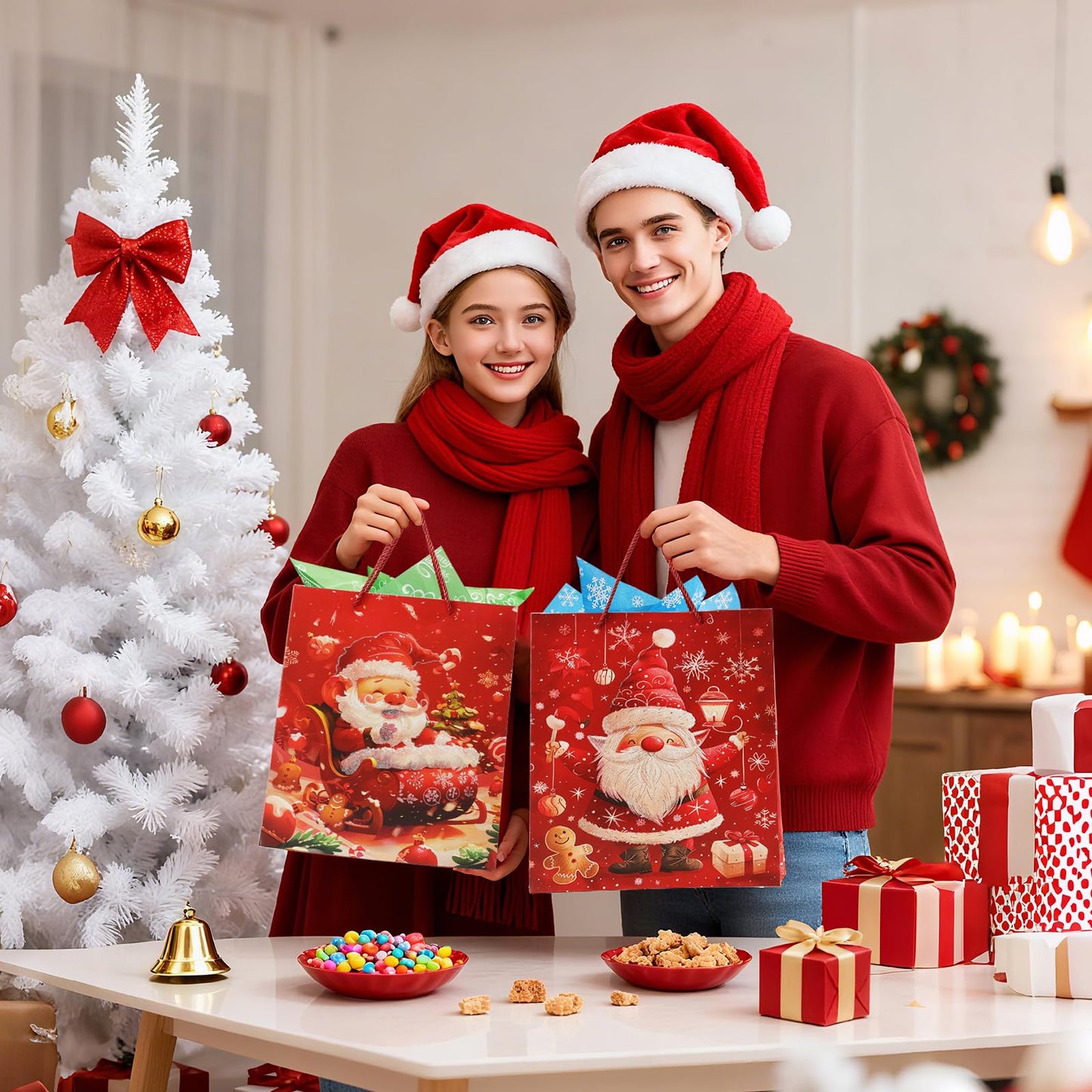 Rusikia 12 Christmas Gift Bags with 12 Tissues Paper 1 Satin Ribbon - Small