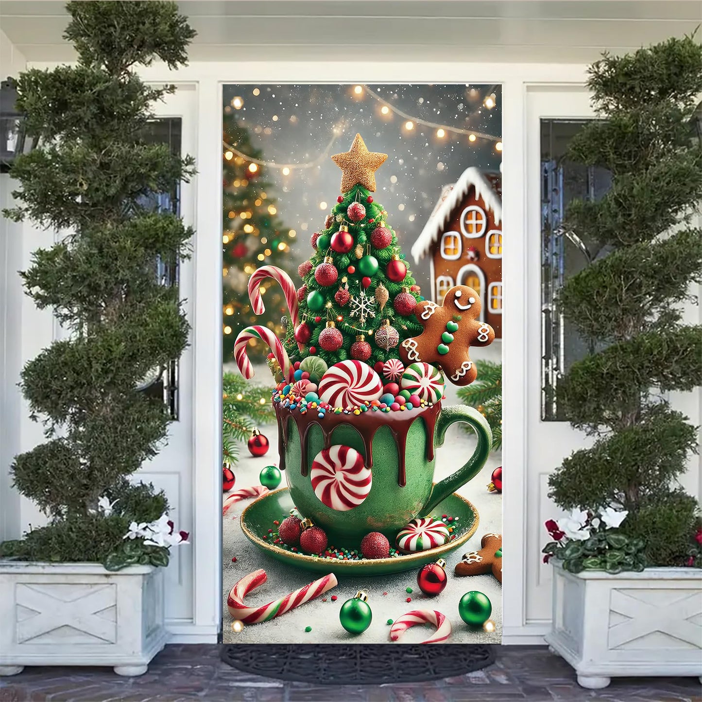 Saoplasa Christmas Door Cover Hot Cocoa Mug Banner 71 x 35 Inch Gingerbread Candy Cane Peppermint Tree Backdrop Holiday Cup Decoration for Christmas Party Wall Hanging Front Door Winter Decor