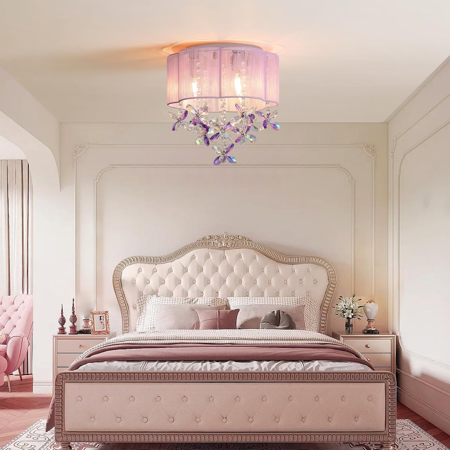 3 Light Bedroom Chandelier Ceiling Light Pink Lamp 13" Small Crystal Mini Chandelier Flush Mount Ceiling Light with Handmade Flower Lampshade for Girls' Bedroom,Closet,Nursery,Dinning Room Purple