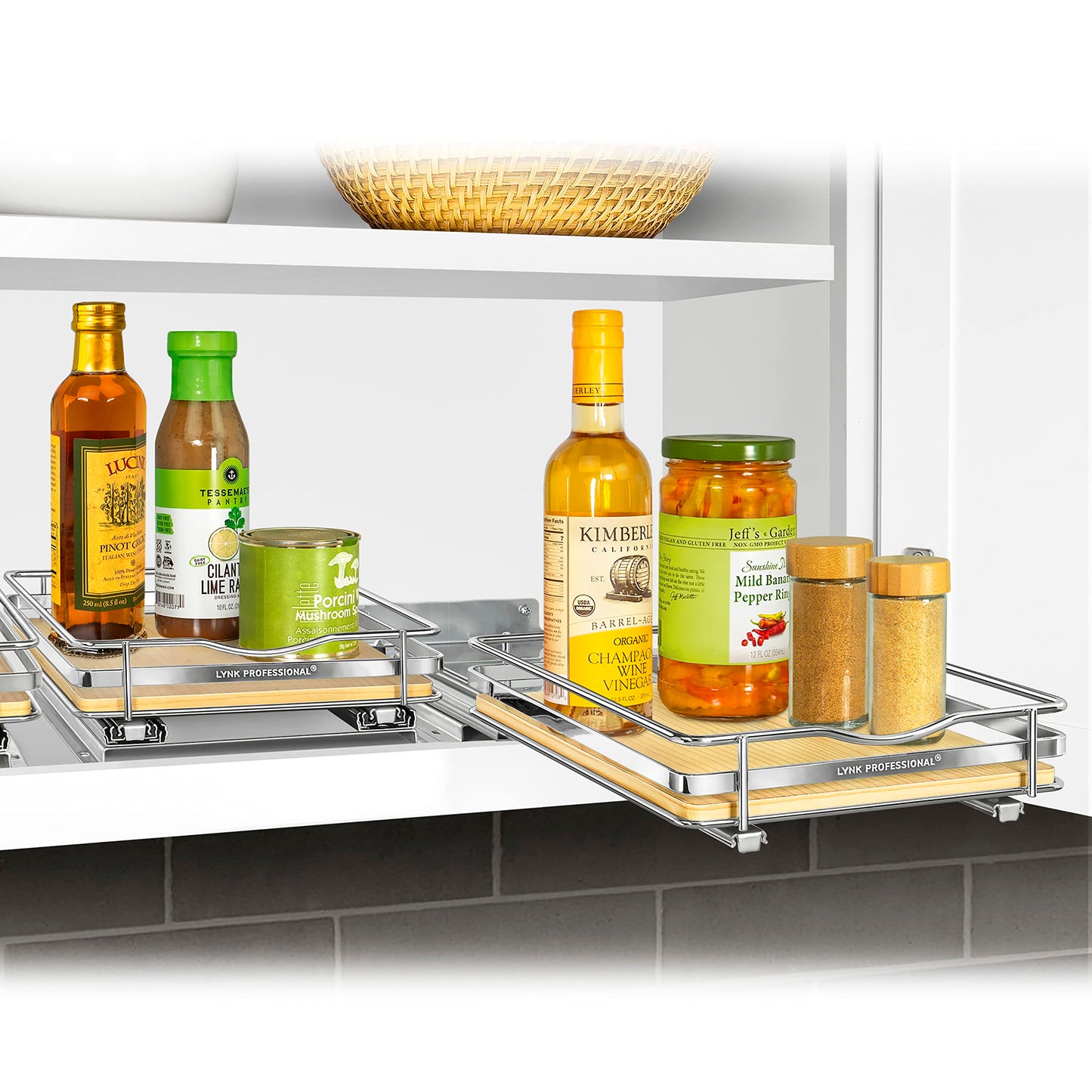 LYNK PROFESSIONAL® Pull Out Spice Rack Organizer for Inside Kitchen Cabinets - 4-1/4 inch Wide - Slide Out Drawer – Chrome Sliding Spice Cabinet Organization Shelf Racks - 2 Tier