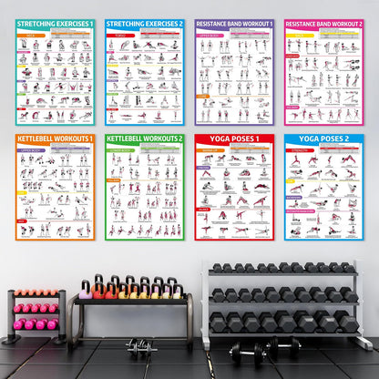 gisgfim 12PCS Workout Posters for Home Gym Dumbbells, Bodyweight, Stretching, Resistance Bands, Yoga, Kettlebells Exercise Chart Full Body Workout Poster Set Muscle Engagement Chart Garage Gym Decor