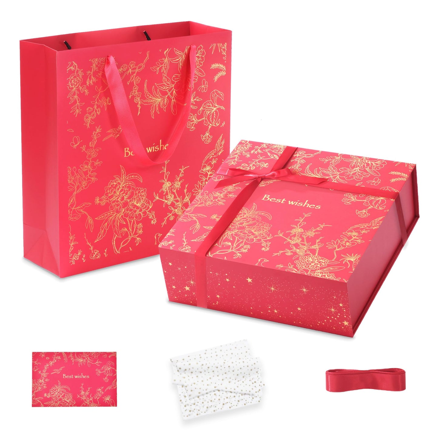 Amalee Luxury Gift Box, Large Deep Red 12”x12”x4” with Strong Magnetic Lid, Elegant Glue-Free Assembly, Includes Ribbon & Card for Wedding, Birthday, Christmas Gift Packaging