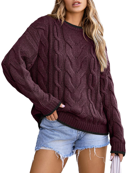 EVALESS Sweaters for Women Trendy Crewneck Long Sleeve Color Block Sweater Tops Fall 2025 Chunky Cable Knit Pullover Sweaters