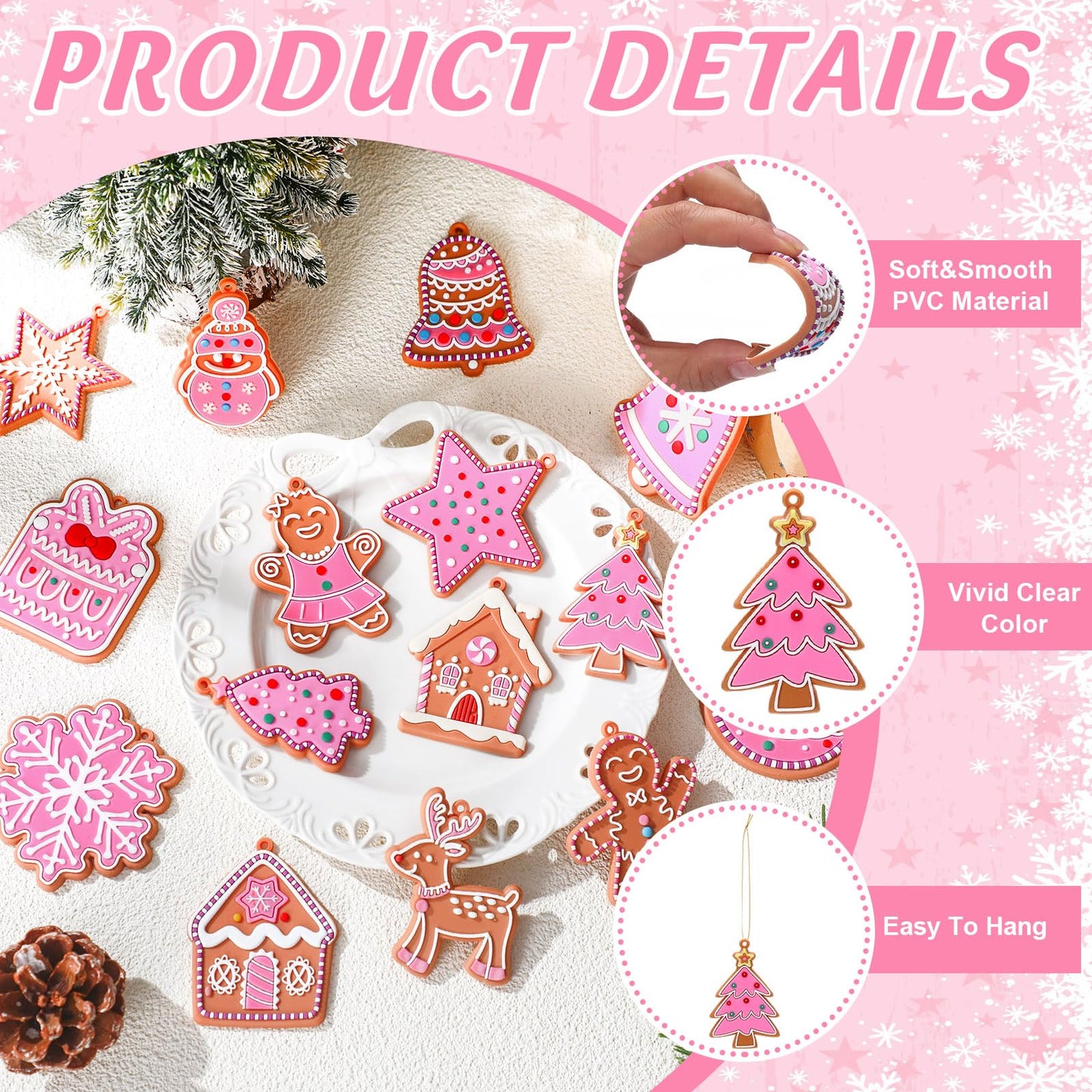 Vertintong 30 Pcs Pink Christmas Gingerbread Hanging Ornaments Pastel Gingerbread Ornaments Soft PVC Christmas Tree Wall Hanging Decoration for Xmas Party Office Home Decor Winter