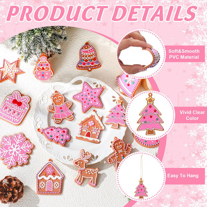 Vertintong 30 Pcs Pink Christmas Gingerbread Hanging Ornaments Pastel Gingerbread Ornaments Soft PVC Christmas Tree Wall Hanging Decoration for Xmas Party Office Home Decor Winter