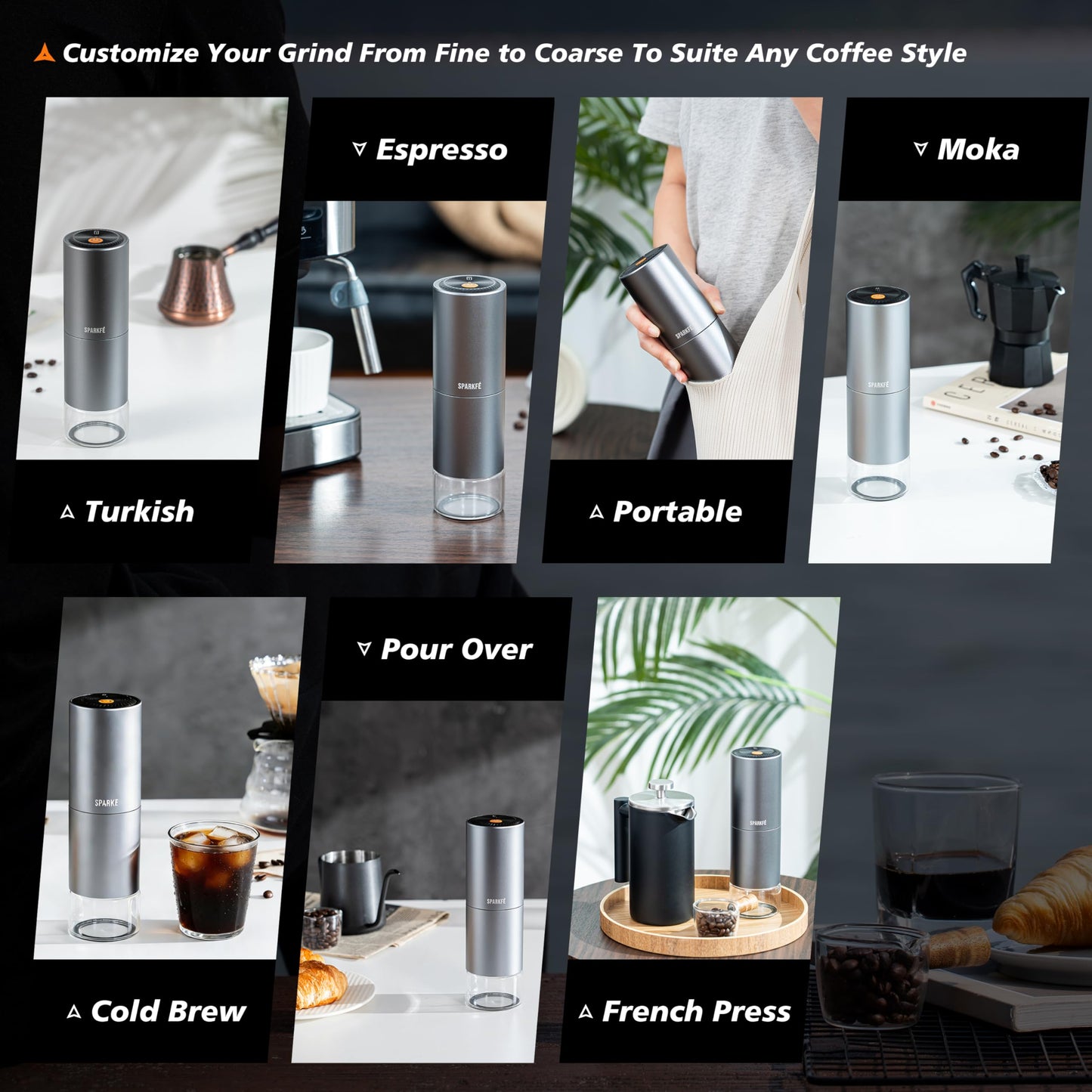SPARKFE Portable Electric Coffee Grinder, Rechargeable Wireless Handheld Grinder with Stainless Steel Conical Burr, Adjustable Grind Settings, for Espresso, Moka, Pour Over, French Press, Cold Brew