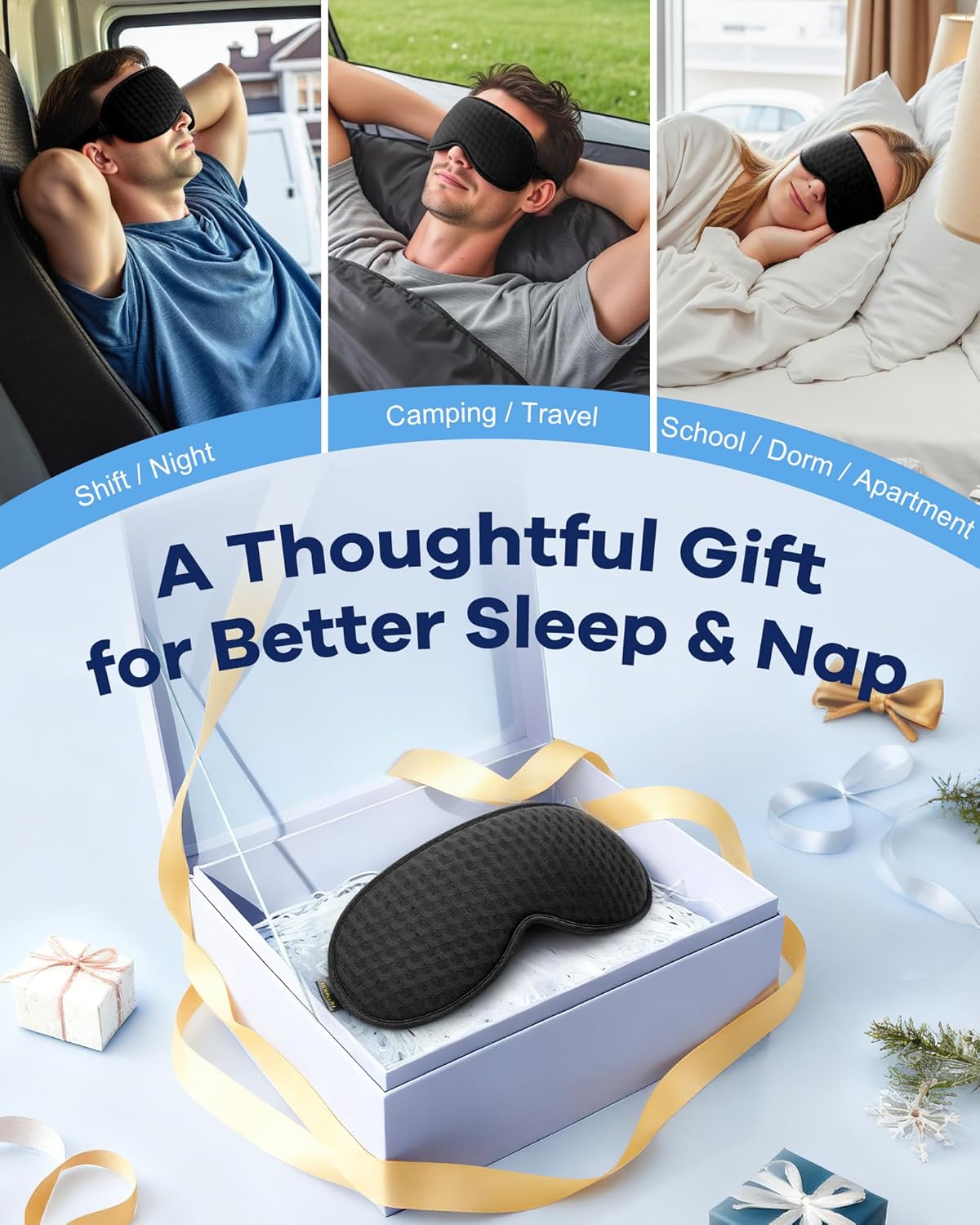 Blackout Sleep Mask: Weighted Eye Mask for Men Women - 3D Contoured Zero Pressure and Eyelash Free - Airplane Travel Nap Night Sleeping Blindfold - Adjustable Ear-Friendly Breathable Comfortable Black