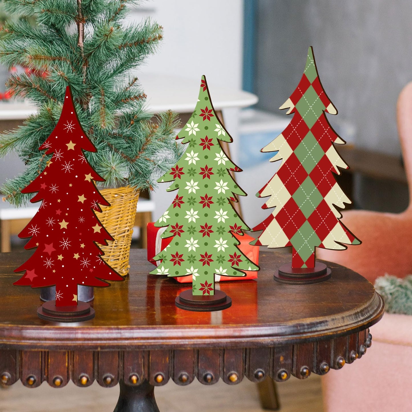 Pigort Christmas Decorations – Rustic Wooden Christmas Tree Table Decor, Freestanding Xmas Centerpiece for Home & Shelf, Winter Tiered Tray Decorative (3)