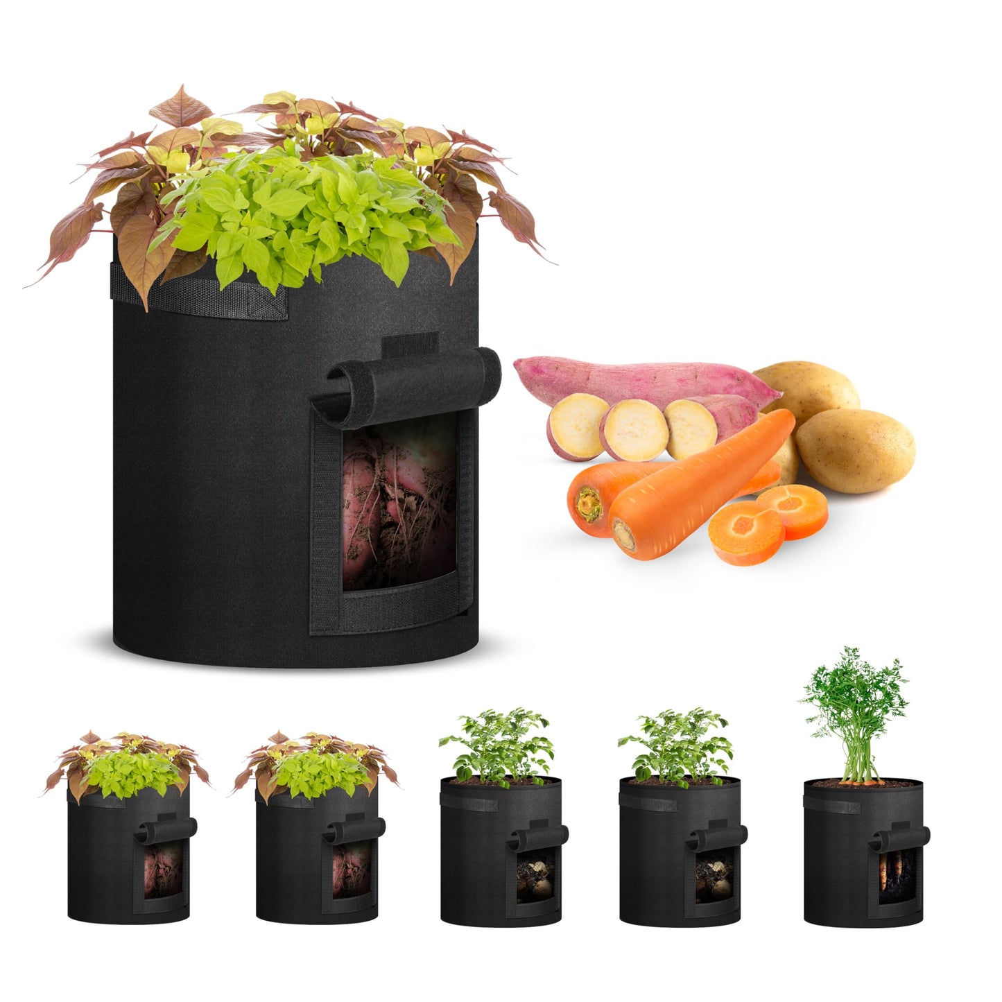 iPower 10 Gallon Potato Grow Bags with Flap, 5-Pack Thick Nonwoven Fabric Planter Pot with Handles and Harvest Window for Potato Tomato and Vegetables, Black