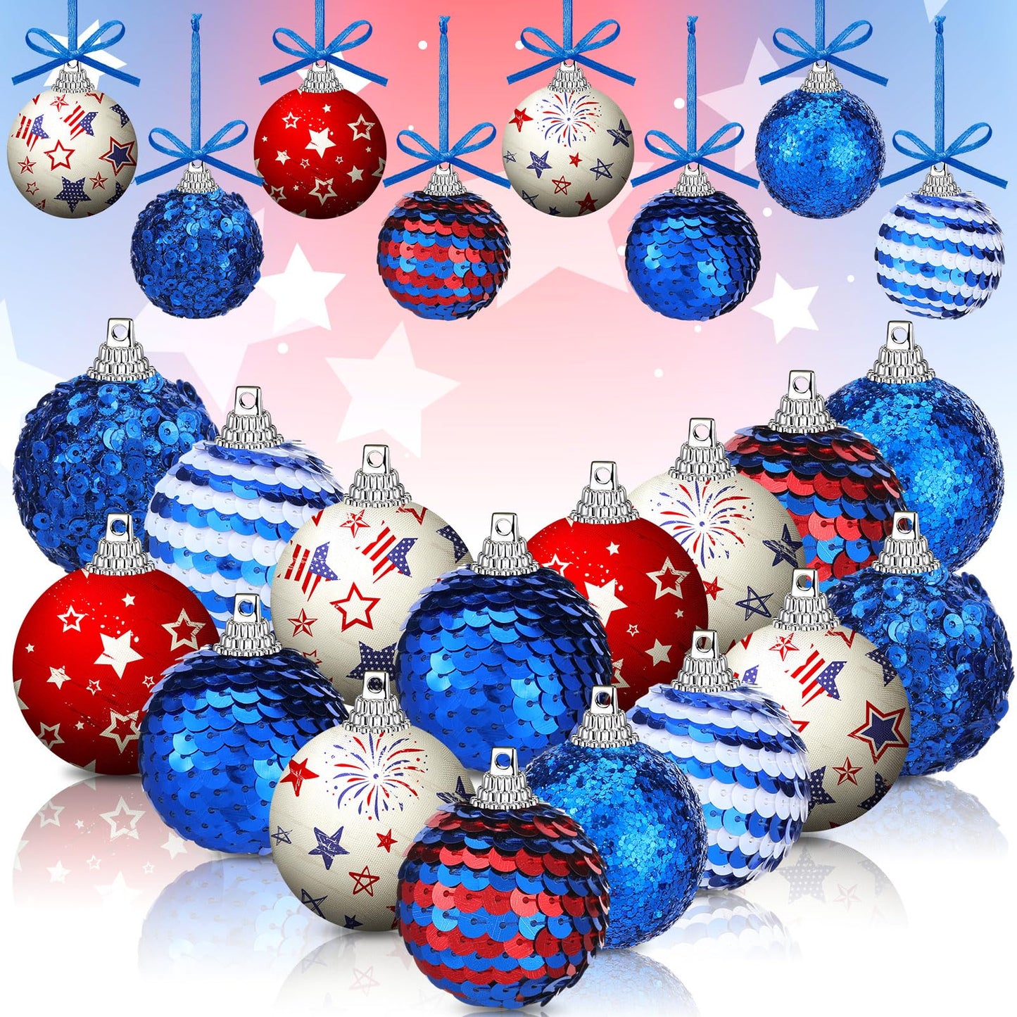Riceshoot 16 Pcs 4th of July Patriotic Hanging Ball 1.97" Independence Day Sequin Hanging Ball Ornament Red White Blue Tree Decorations for 250th Anniversary Patriotic USA Themed Party Supplies
