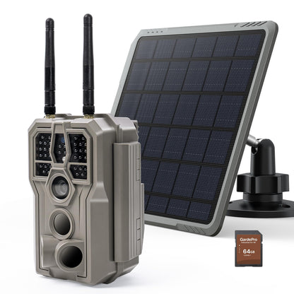 GardePro E8 2.0 WiFi Trail Camera (Non-Cellular) with 5200mAh Battery Solar Panel, 4K Video & 64MP Photo, 64GB SD Card, Dual Antennas, Stable Connection, On-Site App Viewing, Motion Activiated