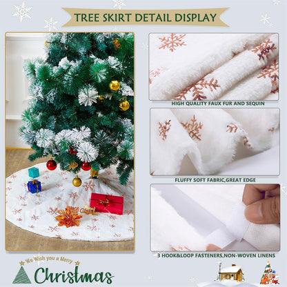 White Tree Skirt Faux Fur Rose Gold Sequin Tree Skirts Small Christmas Tree Skirt Decoration 36inch Double Layers Tree Covers Shiny Tree Floor Mats Fireplace Tree Skirts Fluffy Tree Skirt