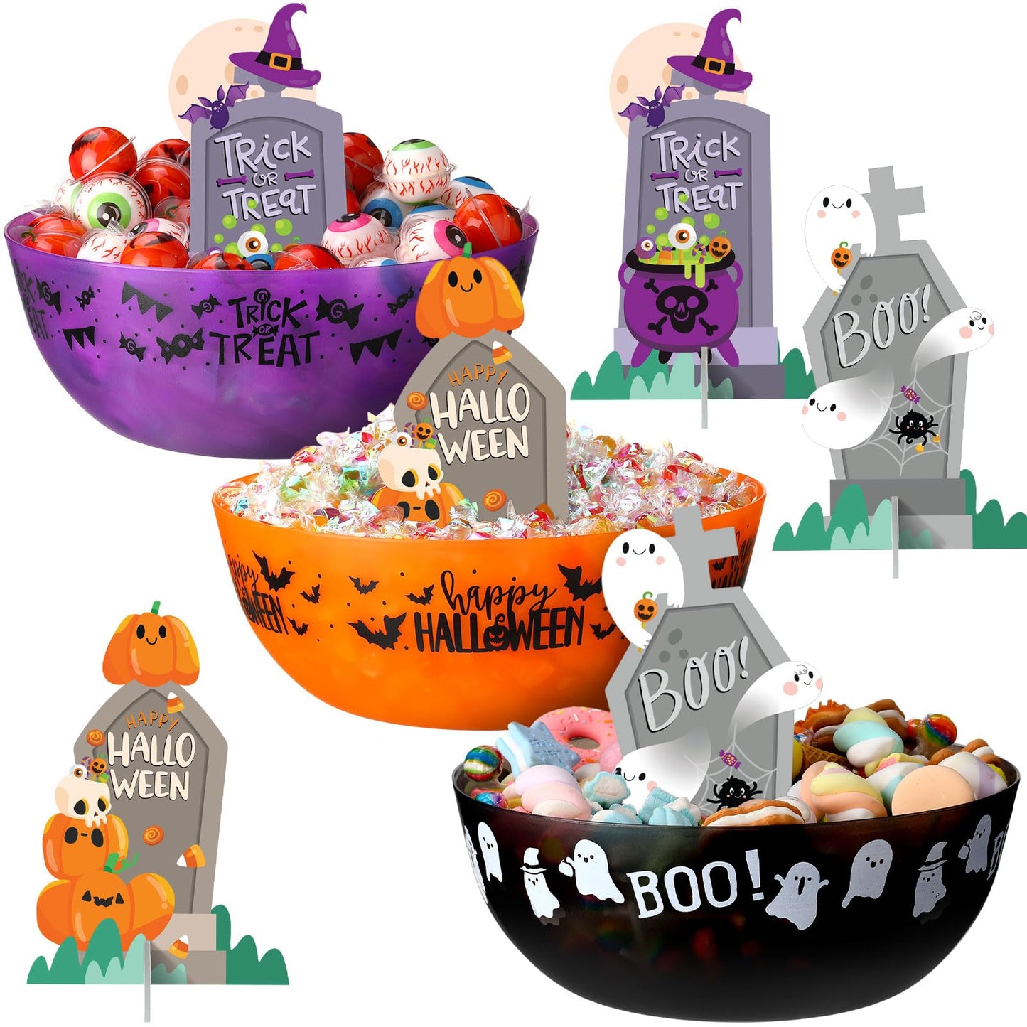 Tioncy 3 Set Large Halloween Candy Bowls with Tombstones Stands, Plastic Candy Dish Serving Bowls Treat Sweet Holders Party Decor Halloween Party Supplies