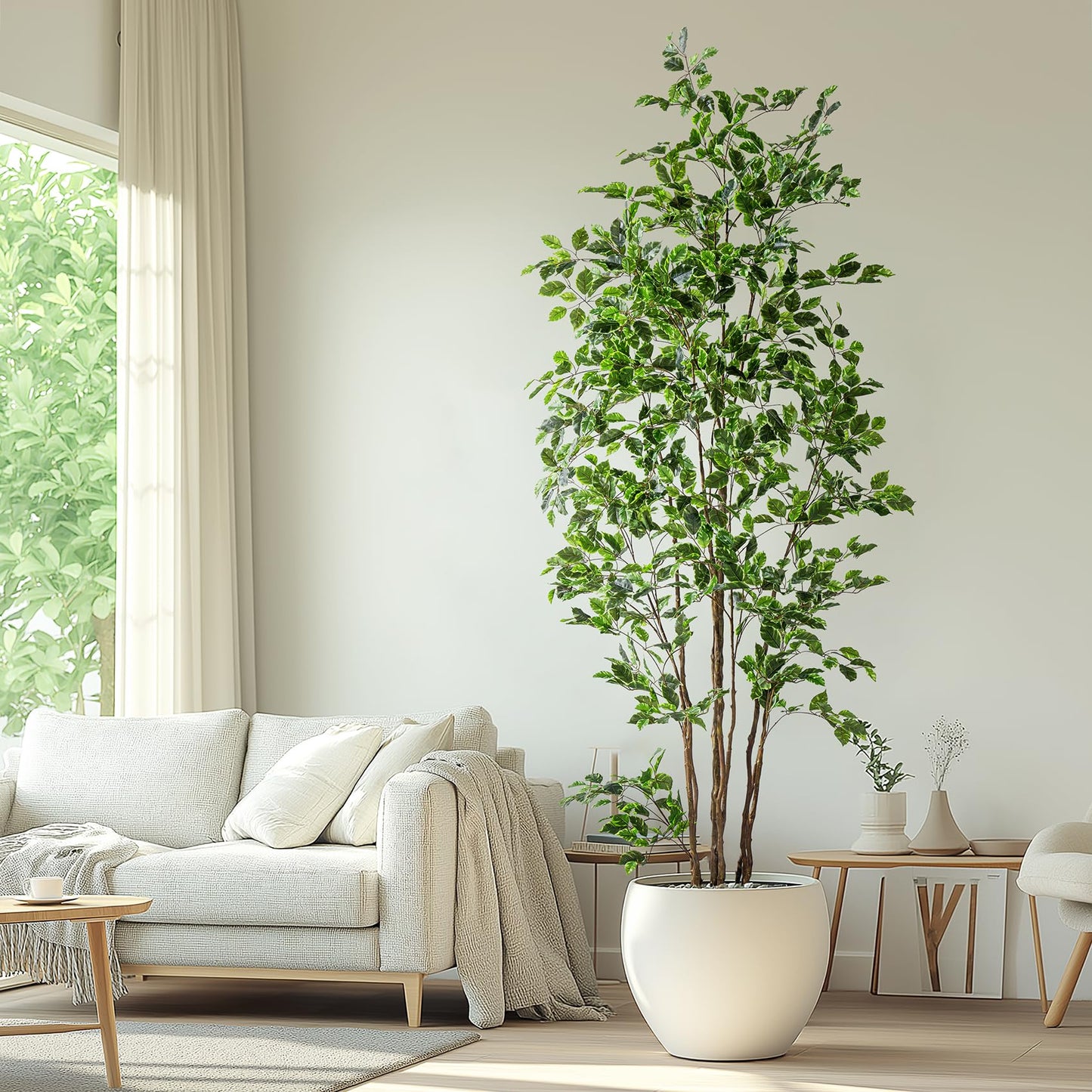 Bailikang Artificial Ficus Tree Indoor 8ft, Large Potted Faux Tree with Realistic Silk Leaves & Trunk for Home Office, Living Room Corner Decor