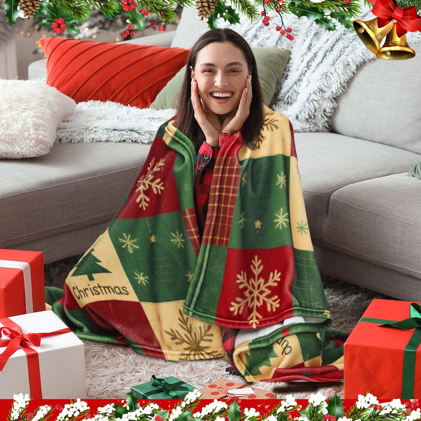 HunnmingRe Christmas Flannel Blanket Throw Red Green Checkered Blanket Christmas Tree Snowflake Soft Fuzzy Cozy Throw for Couch Bedroom Sofa Travel Bed Xmas Decor, 50 x 60 Inch
