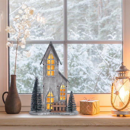 Wooden Christmas Village House with LED, Xmas Decor Indoor Tabletop Centerpiece with Tree, Lighted Christmas House Decor for Home Shelf Mantle, Winter Holiday Village Display (Style A)