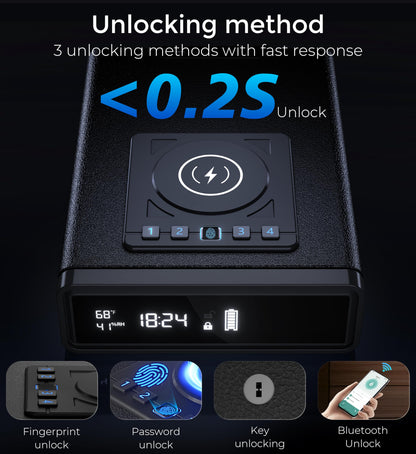 ORARAER Smart Biometric Gun Safe with Wireless Charging, Bluetooth App Control, 4 Unlock Methods, Bedside Drawer Safe LED Display,Money Box for Valuables, Gifts for Men
