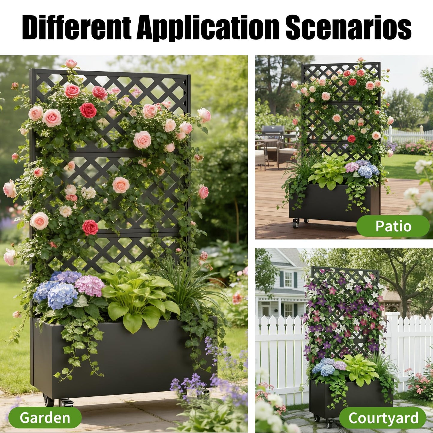 Riflevault 72" Planter Box with Trellis & Wheels, Planter Boxes Outdoor with Drainage Hole for Climbing Plants, Raised Planter with Privacy Screen, Black