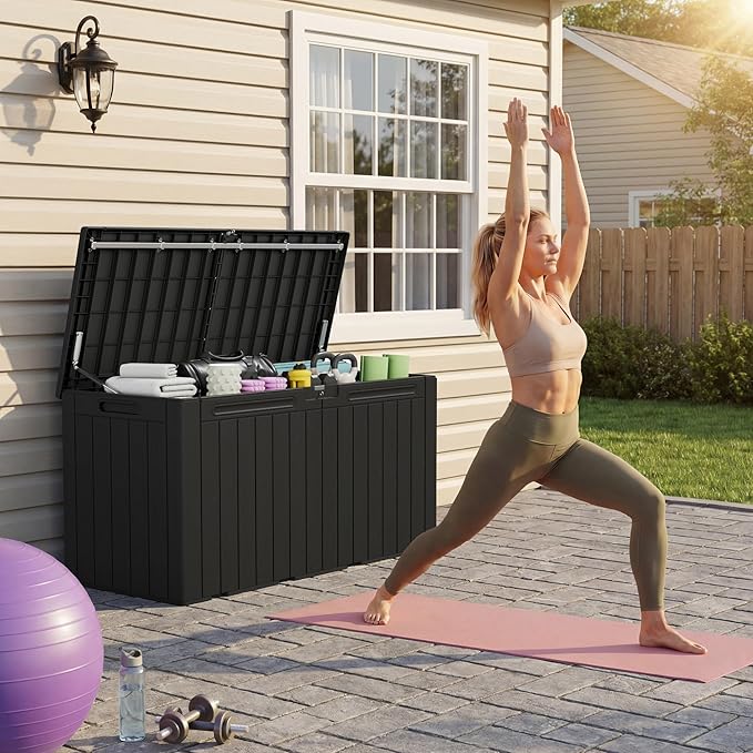 Devoko 100 Gallon Outdoor Storage Box, Waterproof Resin Deck Box for Patio Furniture, Lockable Container for Garden Cushions & Pool Supplies (Black, 100 Gallon)