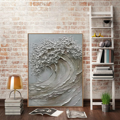 V-inspire 3D Textured Wave Canvas Wall Art, 24 x 36 inches, Hand-Painted Oil Painting with Wood Frame, Modern Abstract Ocean Decor