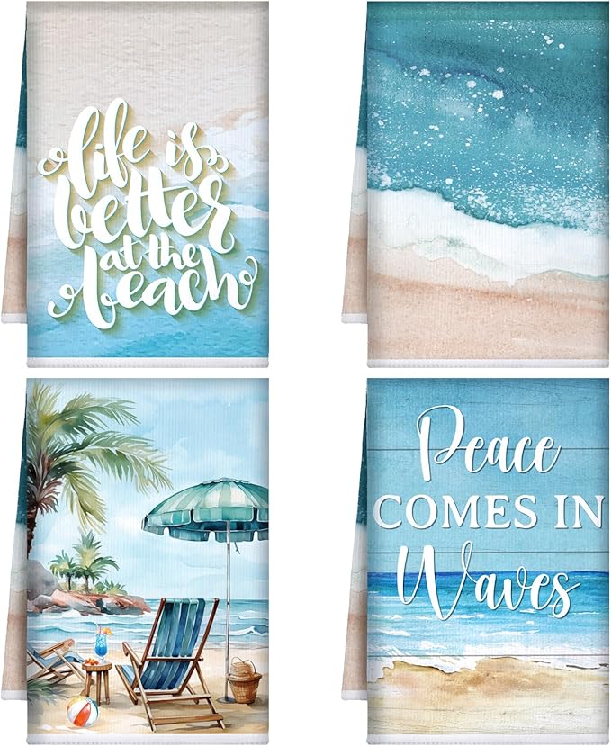 Bencailor 4 Pcs Summer Beach Kitchen Towels Nautical Coastal Hand Dish Towels